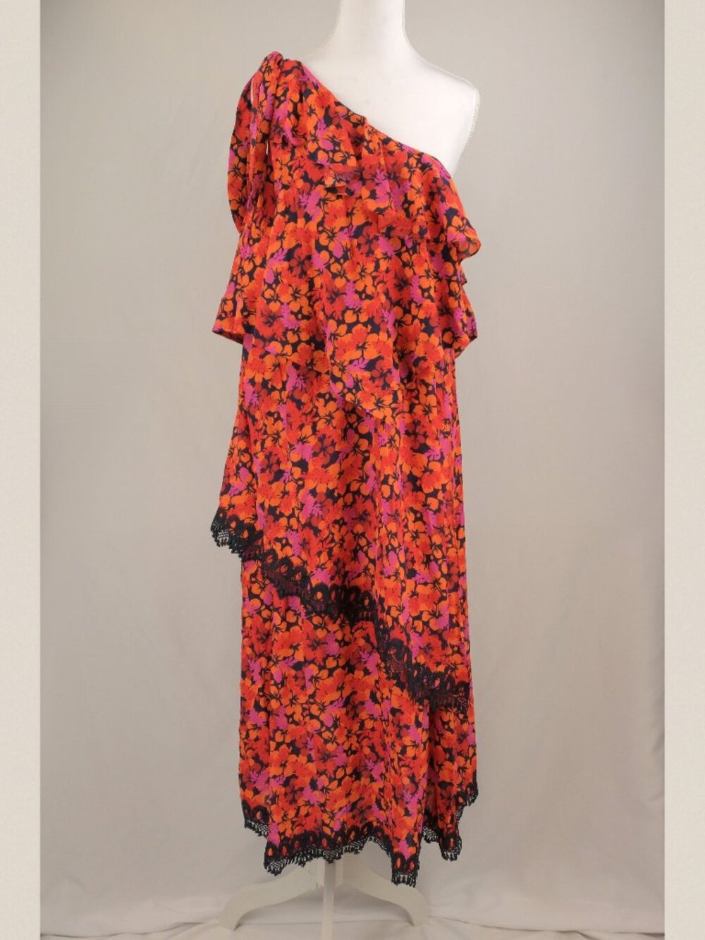 Derek Lam 10 Colby One-Shoulder Hibiscus-Print Draped Floral Midi Dress, US 8